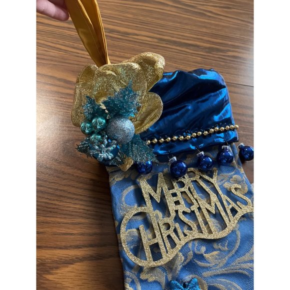 Christmas stocking blue decorated with gold accents - Picture 2 of 5
